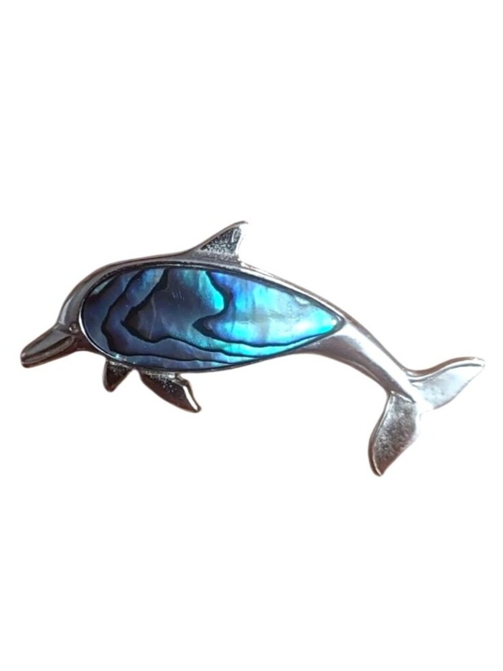 Vintage Abalone Shell Silver Tone Dolphin Shaped Brooch Pin Coastal Nautical